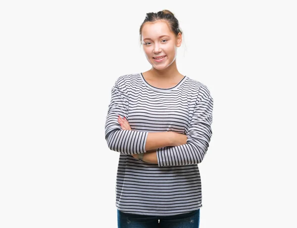 Jovem Bela Mulher Caucasiana Sobre Fundo Isolado Rosto Feliz Sorrindo — Fotografia de Stock