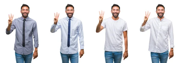 Colagem Jovem Vestindo Olhar Casual Sobre Branco Isolado Backgroud Mostrando — Fotografia de Stock