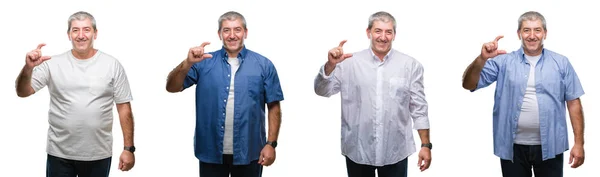 Collage Senior Hoary Man White Isolated Backgroud Smiling Confident Gesturing — Stock Photo, Image