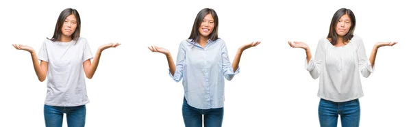 Collage Asian Young Woman Standing White Isolated Background Clueless Confused — Stock Photo, Image