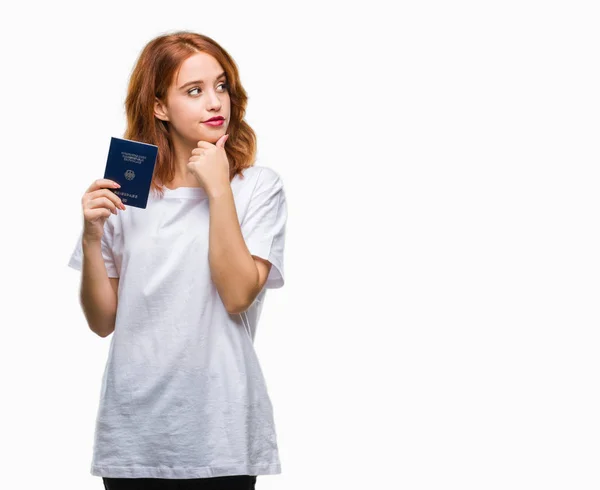 Jovem Bela Mulher Segurando Passaporte Alemanha Sobre Fundo Isolado Rosto — Fotografia de Stock