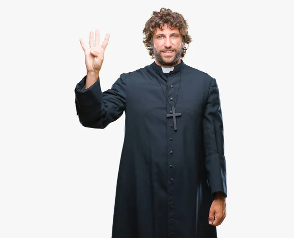 Bello Ispanico Cattolico Sacerdote Uomo Sfondo Isolato Mostrando Indicando Con — Foto Stock