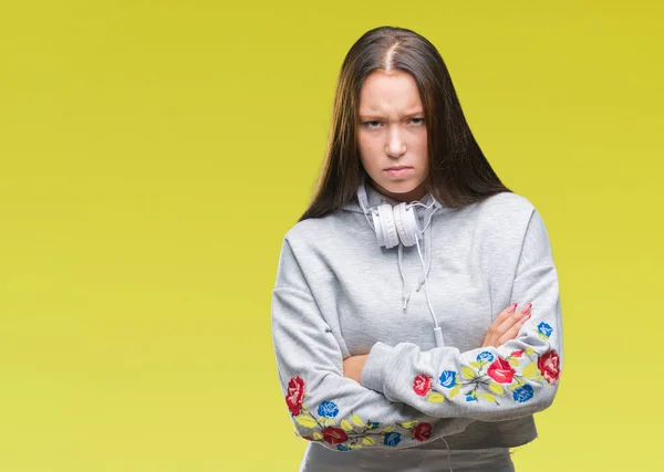 Jonge Mooie Kaukasische Student Vrouw Hoofdtelefoon Dragen Geïsoleerde Achtergrond Scepticus — Stockfoto