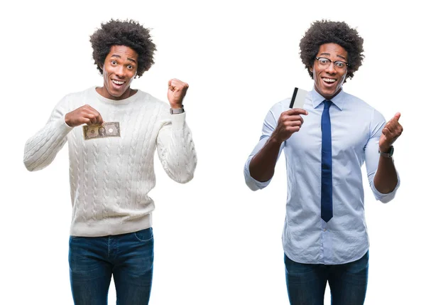 Collage Hombre Negocios Afroamericano Joven Sosteniendo Dólar Tarjeta Crédito Sobre —  Fotos de Stock