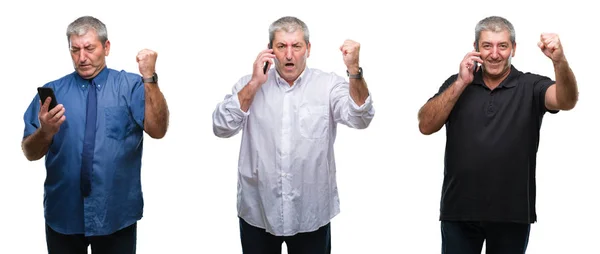 Collage Senior Hoary Man Using Smartphone White Isolated Backgroud Annoyed — Stock Photo, Image