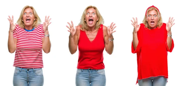 Collage Hermosa Mujer Rubia Mediana Edad Sobre Fondo Blanco Aislado — Foto de Stock