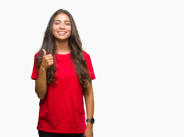 Joven Mujer Árabe Hermosa Sobre Fondo Aislado Haciendo Pulgares Felices — Foto de Stock