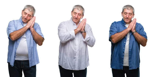 Collage Hombre Alzado Senior Sobre Fondo Blanco Aislado Durmiendo Cansado — Foto de Stock