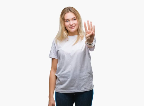 年轻的高加索妇女在孤立的背景显示和指向与手指数字四同时微笑自信和快乐 — 图库照片