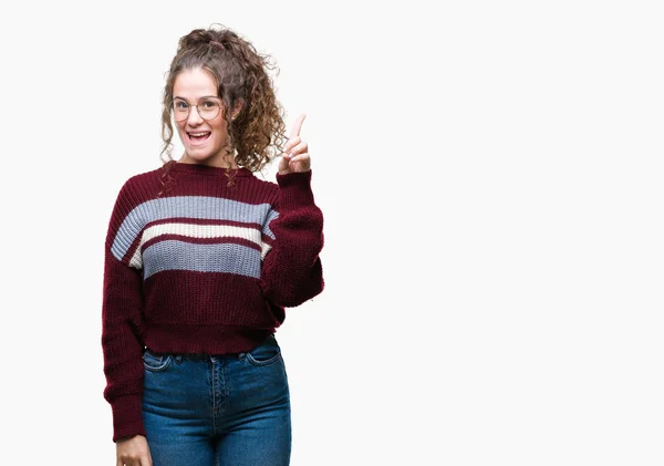 Beautiful Brunette Curly Hair Young Girl Wearing Glasses Isolated Background — Stock Photo, Image