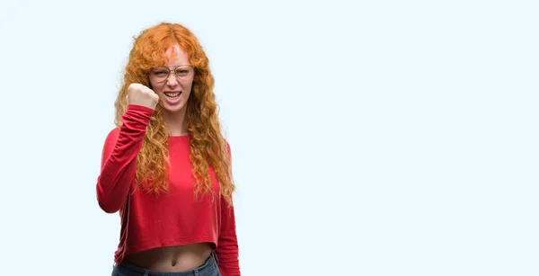 Young Redhead Woman Wearing Glasses Annoyed Frustrated Shouting Anger Crazy — Stock Photo, Image