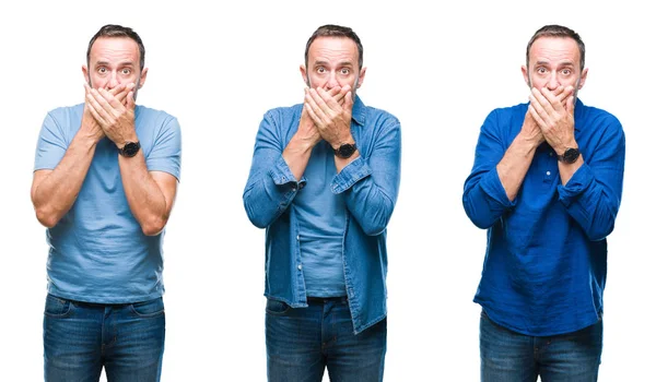 Collage Handsome Senior Hoary Man Standing Wearing Blue Shirt Isolated — Stock Photo, Image