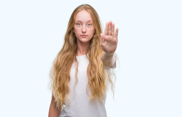 Blonde Teenager Woman Open Hand Doing Stop Sign Serious Confident — Stock Photo, Image