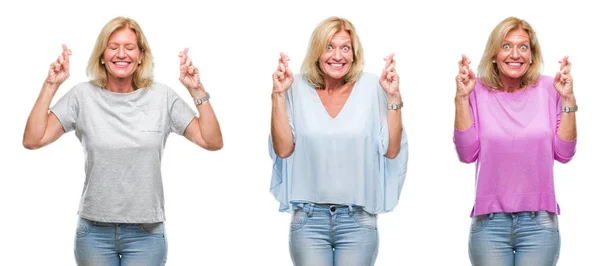 Collage Einer Schönen Blonden Frau Mittleren Alters Über Weißem Isoliertem — Stockfoto