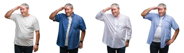 Collage Hombre Alzado Senior Sobre Fondo Aislado Blanco Muy Feliz —  Fotos de Stock