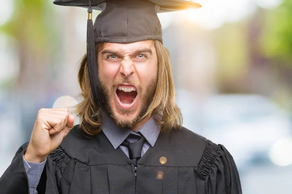 Young Handsome Graduated Man Long Hair Isolated Background Angry Mad — Stock Photo, Image