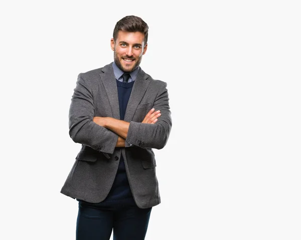 Jovem Homem Negócios Bonito Sobre Fundo Isolado Rosto Feliz Sorrindo — Fotografia de Stock