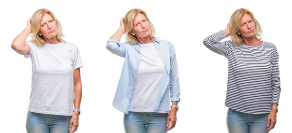 Collage Vackra Medelålders Blond Kvinna Över Vita Isolerade Backgroud Förvirra — Stockfoto