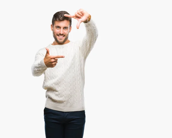 Homem Bonito Jovem Vestindo Camisola Inverno Sobre Fundo Isolado Sorrindo — Fotografia de Stock