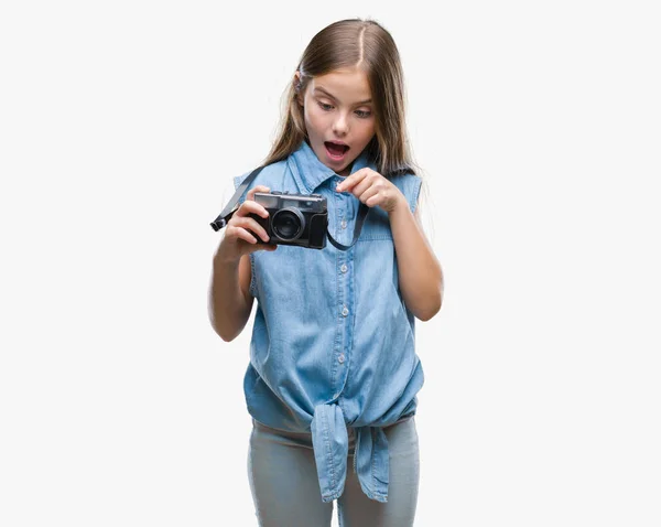 Young Beautiful Girl Taking Photos Using Vintage Camera Isolated Background — Stock Photo, Image