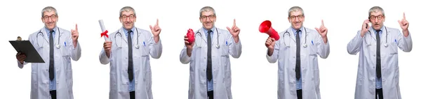 Collage Hombre Médico Alzado Senior Sobre Fondo Aislado Blanco Sorprendido — Foto de Stock