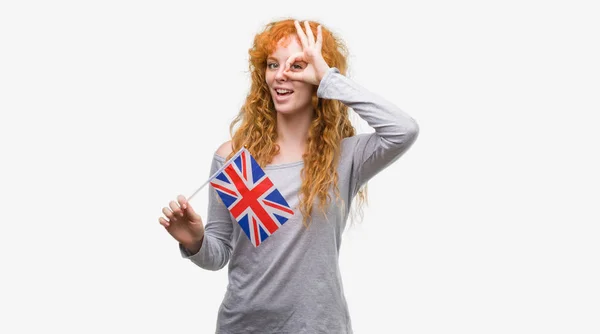 Young Redhead Woman Holding Flag United Kingdom Happy Face Smiling — Stock Photo, Image