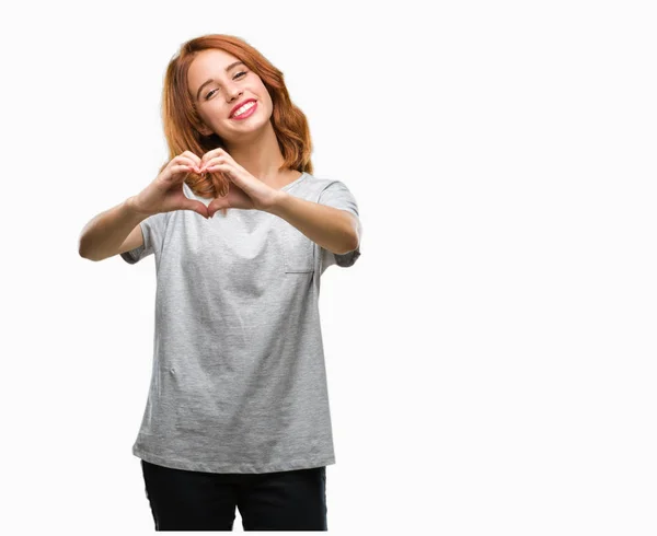 Joven Hermosa Mujer Sobre Fondo Aislado Sonriendo Amor Mostrando Símbolo — Foto de Stock