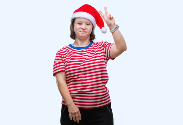 Mujer Adulta Joven Con Síndrome Con Sombrero Navidad Sobre Fondo — Foto de Stock