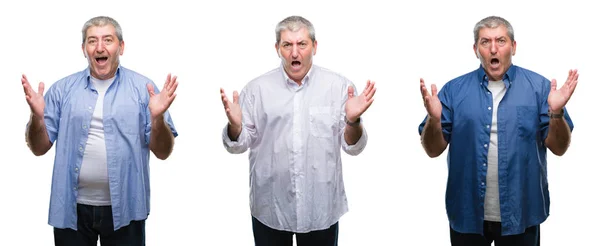 Collage Senior Hoary Man White Isolated Backgroud Crazy Mad Shouting — Stock Photo, Image