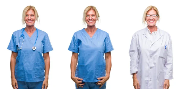 Collage Beautiful Middle Age Blonde Doctor Woman White Isolated Backgroud — Stock Photo, Image