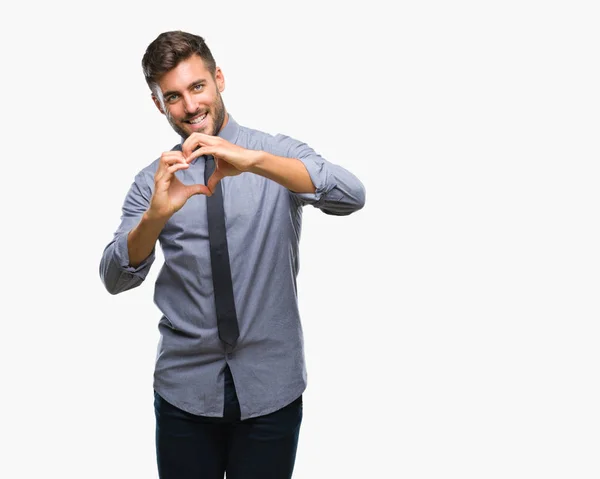 Jonge Knappe Zakenman Geïsoleerde Achtergrond Glimlachend Liefde Met Hartsymbool Vorm — Stockfoto