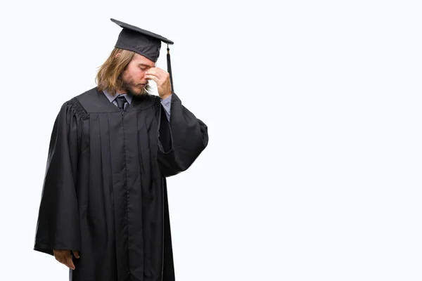 Young Handsome Graduated Man Long Hair Isolated Background Tired Rubbing — Stock Photo, Image