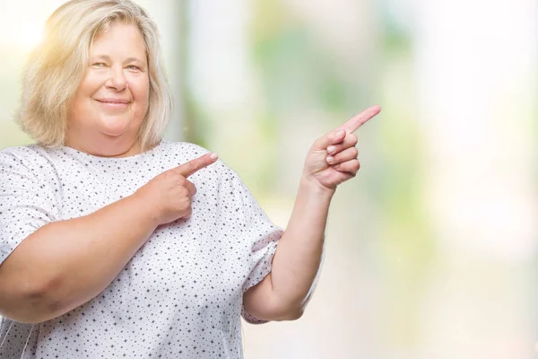 Senior Size Caucasian Woman Isolated Background Smiling Looking Camera Pointing — Stock Photo, Image