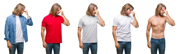 Collage Stilig Ung Man Bär Casual Look Över Vita Isolerade — Stockfoto