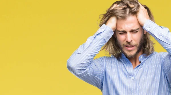 Giovane Bell Uomo Con Capelli Lunghi Sfondo Isolato Che Soffre — Foto Stock