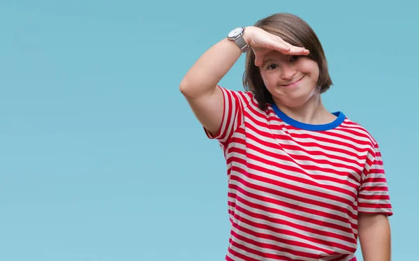 Young Adult Woman Syndrome Isolated Background Very Happy Smiling Looking — Stock Photo, Image