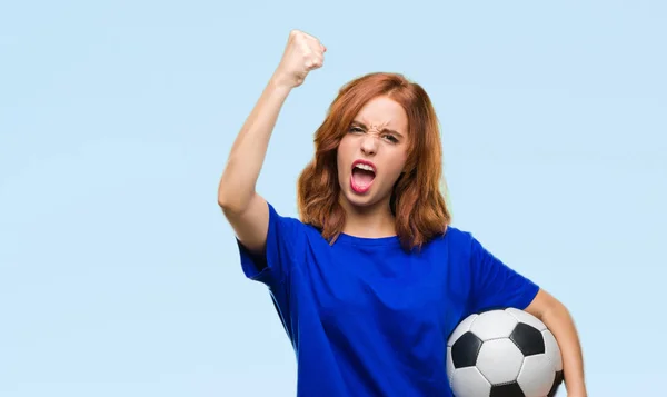 Young Beautiful Woman Isolated Background Holding Soccer Football Ball Annoyed — Stock Photo, Image