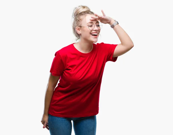 Mulher Loira Jovem Usando Óculos Sobre Fundo Isolado Muito Feliz — Fotografia de Stock