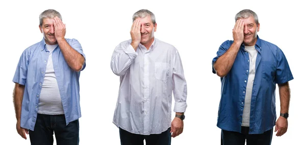 Collage Senior Hombre Canoso Sobre Fondo Aislado Blanco Cubriendo Ojo —  Fotos de Stock