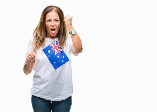Středního Věku Žena Hispánský Hospodářství Australská Vlajka Nad Izolované Pozadí — Stock fotografie