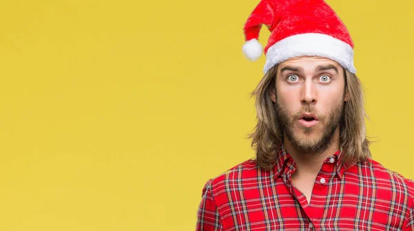 Junger Gutaussehender Mann Mit Langen Haaren Der Weihnachtsmann Hut Über — Stockfoto