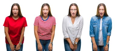 Genç güzel kız beyaz izole arka plan korkuyor ve sürpriz ifade, korku ve heyecan yüz ile şok yüzünden kolaj.