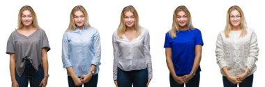 Kolaj genç güzel kadının yüzünde mutlu ve güzel bir gülümseme ile beyaz izole kağıt üzerinde. Şanslı kişi.