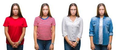 Genç güzel kız beyaz izole arka plan üzerinde kolaj depresif ve kızgın ve korkmuş ağlıyor sıkıntı için endişeleniyorum. Üzgün ifade.