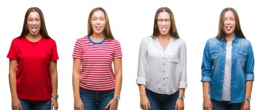 Genç güzel kız beyaz izole arka plan dilini yüzünden kolaj out komik ifade ile mutlu. Duygu kavramı.