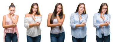 Genç güzel esmer kız yüzünden beyaz izole arka plan düşünme seyir yorgun ve bıkkın ile depresyon sorun Çapraz kollar ile kolaj.