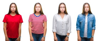 Genç güzel kız komik surat ile yanakları şişirme beyaz izole arka plan üzerinde kolaj. Ağız ile hava, deli ifade şişirilmiş.