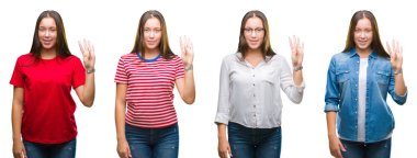 Kolaj gösterilen ve parmakları ile işaret beyaz izole arka plan üzerinde genç güzel kızın kendinden emin ve mutlu gülümseyerek süre dört numara.