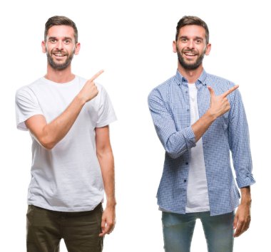 Rahat bakmak beyaz izole backgroud neşeli bir gülümseme ile el ve parmak kadar kameraya bakarak yüzündeki mutlu ve doğal ifade ile yan ile işaret yüz üzerinde giyen genç adam kolaj.