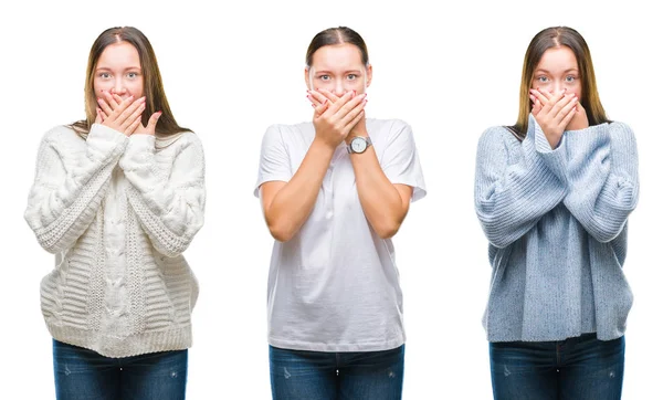 Colagem Menina Bonita Jovem Usando Camisola Inverno Sobre Fundo Isolado — Fotografia de Stock